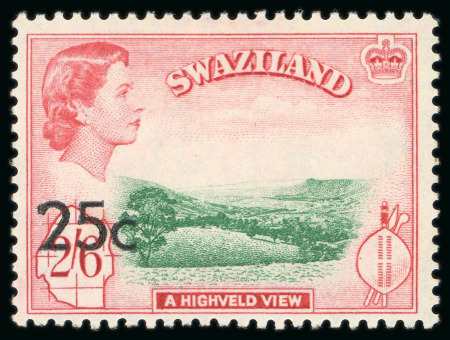 Stamp of Swaziland 1961, 25c on 2s 6d emerald green and carmine red, mint