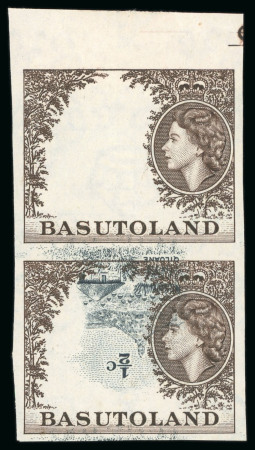 Stamp of Basutoland 1962, 1/2c grey-black and sepia imperforate and frame inverted with the upper stamp showing vignette omitted