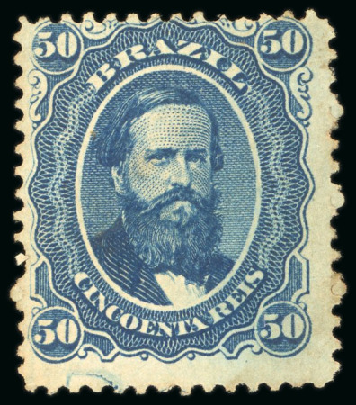 Stamp of Brazil » 1866-83 Dom Pedro » 1866 "Black Beard" Issue 1866, 50r blue on slightly bluish paper, "cracked plate" in margin