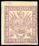 Stamp of South Africa » Transvaal 1869 (Oct) 3d deep lilac, trial printing (second essay), Luff "M" plate, unused