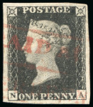 Stamp of Great Britain » 1840 1d Black and 1d Red plates 1a to 11 1840, 1d black pl.7 NA, good to large margins, cancelled by neat "PAID ABERDEEN" boxed hs in red