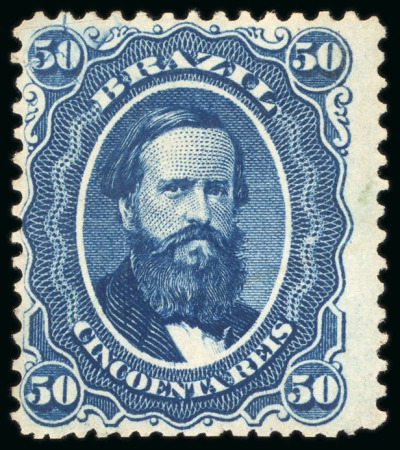 Stamp of Brazil » 1866-83 Dom Pedro » 1866 "Black Beard" Issue 1866, 50r blue, "cracked plate" variety in upper left