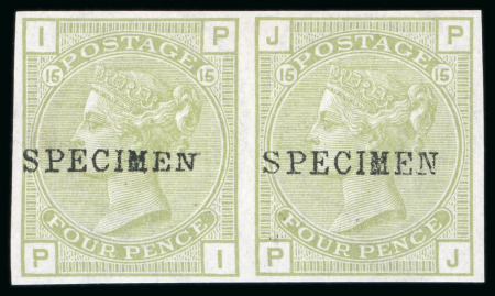 Stamp of Great Britain » 1855-1900 Surface Printed » 1873-80 Large Coloured Corner Letters 1873-80, 4d sage-green pl.15 imperf. horizontal pair