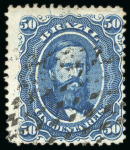 Stamp of Brazil » 1866-83 Dom Pedro » 1866 "Black Beard" Issue 1866, 50r blue, "crashed plate", group of four different examples