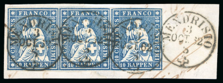 Stamp of Switzerland / Schweiz » Sitzende Helvetia Ungezähnt » 1857-62 Berner Druck, Dickes Papier 1857-62, Berner Druck, 4. Druckperiode, 10 Rp. blau im waagrechten Dreierstreifen