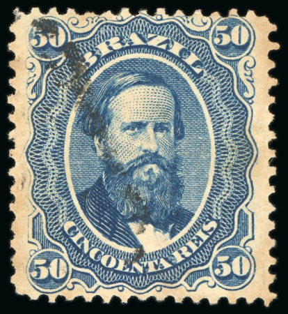 Stamp of Brazil 1866, 50r blue, featuring the "filigrana de sutura"