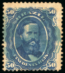 Stamp of Brazil 1866, 50r blue, featuring the "filigrana de sutura"
