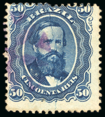 Stamp of Brazil » 1866-83 Dom Pedro » 1866 "Black Beard" Issue 1866, 50r blue, position 91, "crashed plate" variety, used