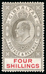Stamp of Gibraltar 1910, 4s black and carmine, mint with original gum,