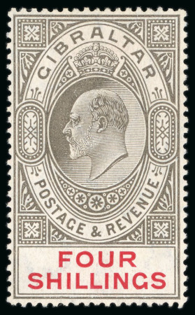 Stamp of Gibraltar 1910, 4s black and carmine, mint with original gum,