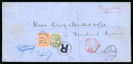 Stamp of Zanzibar » The Zanzibar Post Office (1895-1964) 1896 (May 11) Long envelope sent registered from Zanzibar to England with 1895-96 3a orange and 4a olive-green