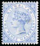 Stamp of Gibraltar 1886, 2 1/2d blue, mint with most part original gum,