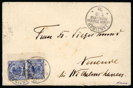 Stamp of Zanzibar » The German Post Office (1890-1891) 1890 (Oct 11) Envelope from Zanzibar to Germany with two 1889-1900 20pf top marginals