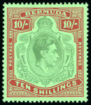 Stamp of Bermuda 1938, 10s greenand deep lake on pale emerald paper, mint