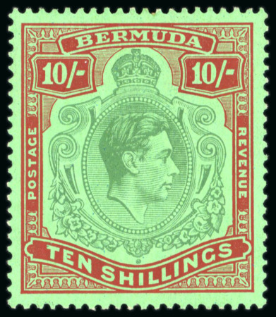 Stamp of Bermuda 1938, 10s greenand deep lake on pale emerald paper, mint