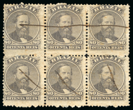 Stamp of Brazil » 1866-83 Dom Pedro » 1866 "Black Beard" Issue 1866, 80r violet black, horizontal block of six, used