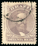 Stamp of Brazil » 1866-83 Dom Pedro » 1866 "Black Beard" Issue 1866, 80r violet black, group of eight used stamps showing the ABN imprint