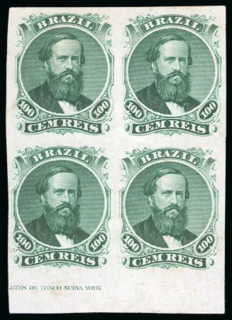 Stamp of Brazil » 1866-83 Dom Pedro » 1866 "Black Beard" Issue 1866, 100r green, type I, colour plate proof  in marginal block of four