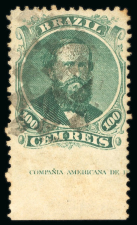 Stamp of Brazil 1866, 100r green, type IV, two examples imperforate at base