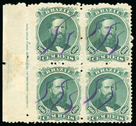 Stamp of Brazil » 1866-83 Dom Pedro » 1866 "Black Beard" Issue 1866, 100r green, type IV, a spectacular used block of four  with complete imprint