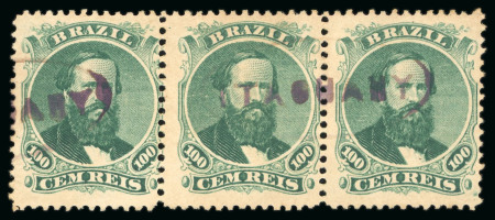 Stamp of Brazil » 1866-83 Dom Pedro » 1866 "Black Beard" Issue 1866, 100r green, type IV, thick paper of 130 microns, strip of three