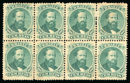 Stamp of Brazil » 1866-83 Dom Pedro » 1866 "Black Beard" Issue 1866, 100r green, type IV, die III, horizontal block of eight unused