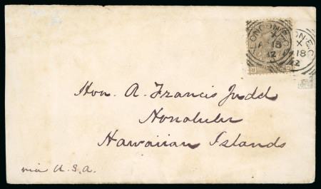Stamp of Great Britain » 1854-1900 Postal History of the Perforated Line Engraved and Surface Printed Issues GB 1880 4d pl 17 on cover to Honalulu. Ex Gilbert Wheat.