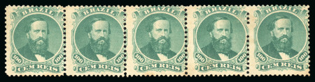 Stamp of Brazil » 1866-83 Dom Pedro » 1866 "Black Beard" Issue 1866, 100r green, type IV, die III, strip of five unused without gum