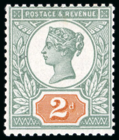 Stamp of Great Britain » 1855-1900 Surface Printed » 1887-1900 Jubilee Issue & 1891 £1 Green 1887-1900 Jubilee issue 2d colour trial in with head plate in green and duty plate in orange-yellow