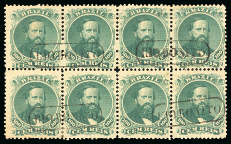 Stamp of Brazil » 1866-83 Dom Pedro » 1866 "Black Beard" Issue 1866, 100r green, type IV, die III, horizontal block of eight with "Rio Bonito" hs
