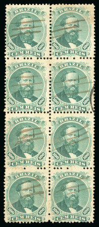 Stamp of Brazil » 1866-83 Dom Pedro » 1866 "Black Beard" Issue 1866, 100r green, type IV, die III, vertical block of eight used