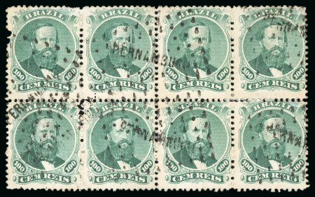 Stamp of Brazil » 1866-83 Dom Pedro » 1866 "Black Beard" Issue 1866, 100r green, type IV, die III, horizontal block of eight used at Pernambuco