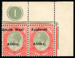 Stamp of South West Africa 1926 Setting VIa £1 pale olive-green and red mint se-tenant pair from the top right corner with plate number