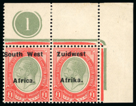 Stamp of South West Africa 1926 Setting VIa £1 pale olive-green and red mint se-tenant pair from the top right corner with plate number