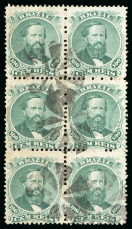 Stamp of Brazil » 1866-83 Dom Pedro » 1866 "Black Beard" Issue 1866, 100r green, type IV, die III, vertical block of six used