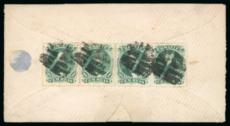 Stamp of Brazil » 1866-83 Dom Pedro » 1866 "Black Beard" Issue 1866, 100r green, type IV, die III, strip of four on back of cover to France