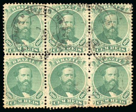 Stamp of Brazil » 1866-83 Dom Pedro » 1866 "Black Beard" Issue 1866, 100r green, type I, die I, horizontal block of six used