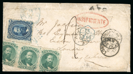 Stamp of Brazil » 1866-83 Dom Pedro » 1866 "Black Beard" Issue 1866, 100r green, type IV, die III, strip of three and 50r single, with unique British exchange marking