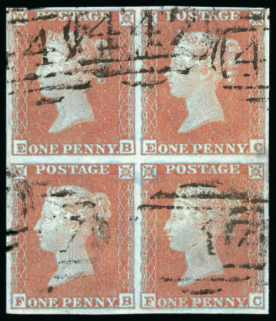 Stamp of Great Britain » 1841 1d Red 1841, 1d orange-brown pl.136 EB/FC block of four cancelled by oval of bars