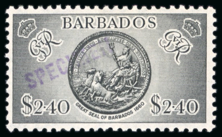 Stamp of Barbados 1950, KGVI definitive set of 12 (S.G.271 to S.G.282) handstamped in violet "SPECIMEN"; one of just six prepared for committee members;
