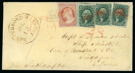 Stamp of United States » 1851-57 Issue 1857 (Jul 13) envelope from New Bedford MA to Singapore