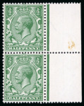 Stamp of Great Britain » King George V » 1912-24 Profile Head Issues 1912-24, 1/2d cobalt green without watermark variety in mint n.h. right marginal vertical pair