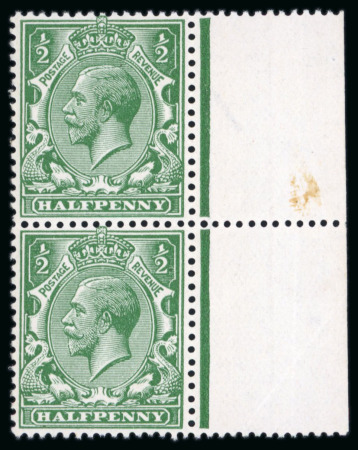 Stamp of Great Britain » King George V » 1912-24 Profile Head Issues 1912-24, 1/2d cobalt green without watermark variety in mint n.h. right marginal vertical pair
