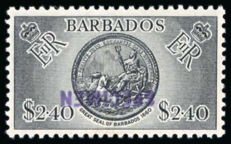 Stamp of Barbados 1964, Definitive set specialised mint collection on 10 pages, incl. the 1c, 4c, 8c, 12c,  24c 48c, 60c and $2.40 each locally handstamped "SPECIMEN" 