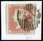 Stamp of Great Britain » 1841 1d Red 1841 1d lake-red LJ, fine to huge margins showing portions of neighbours on two sides, tied to piece