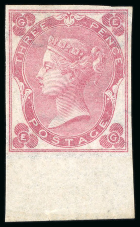 Stamp of Great Britain » 1855-1900 Surface Printed » 1862-64 Small Uncoloured Corner Letters 1862 3d rose pl.3 (white dots) EG, a superb imperforate example