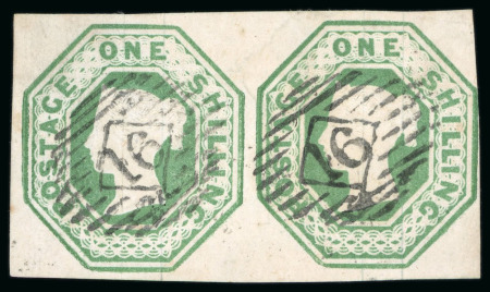 Stamp of Great Britain » 1847-54 Embossed 1854 1/- green (Die WW2) horizontal pair, large margins