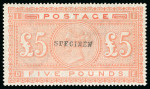 Stamp of Great Britain » 1855-1900 Surface Printed » 1867-83 High Values 1882 £5 Orange (blued paper), overprinted "SPECIMEN"