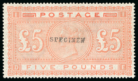 Stamp of Great Britain » 1855-1900 Surface Printed » 1867-83 High Values 1882 £5 Orange (blued paper), overprinted "SPECIMEN"