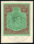 Stamp of Bermuda 1938-53 10s green and deep lake on pale emerald paper, tied to piece 
